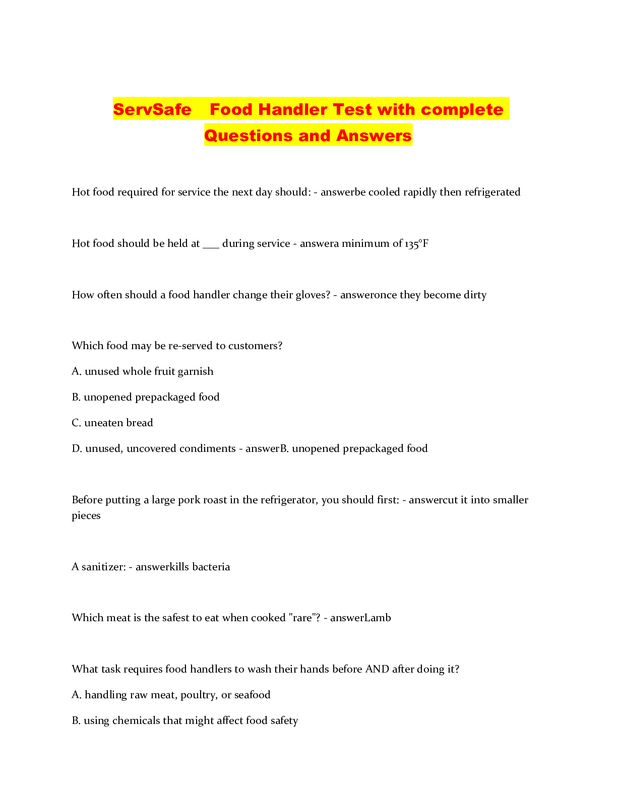 Preview of ServSafe Food Handler Test with complete Questions and Answers